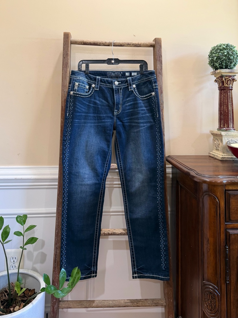 Miss Me Dark Wash Embroidered Straight Jeans - Dark Blue